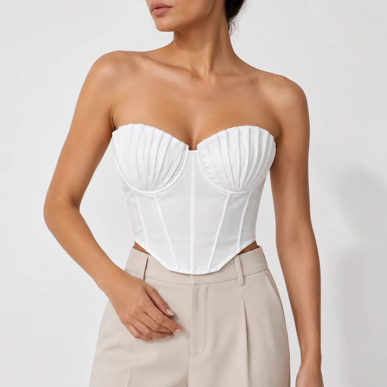 Women Pleated Strapless Corset Top Sweetheart Neck Bustier Women Back Smocked Form Fitting Cropped Tube Top