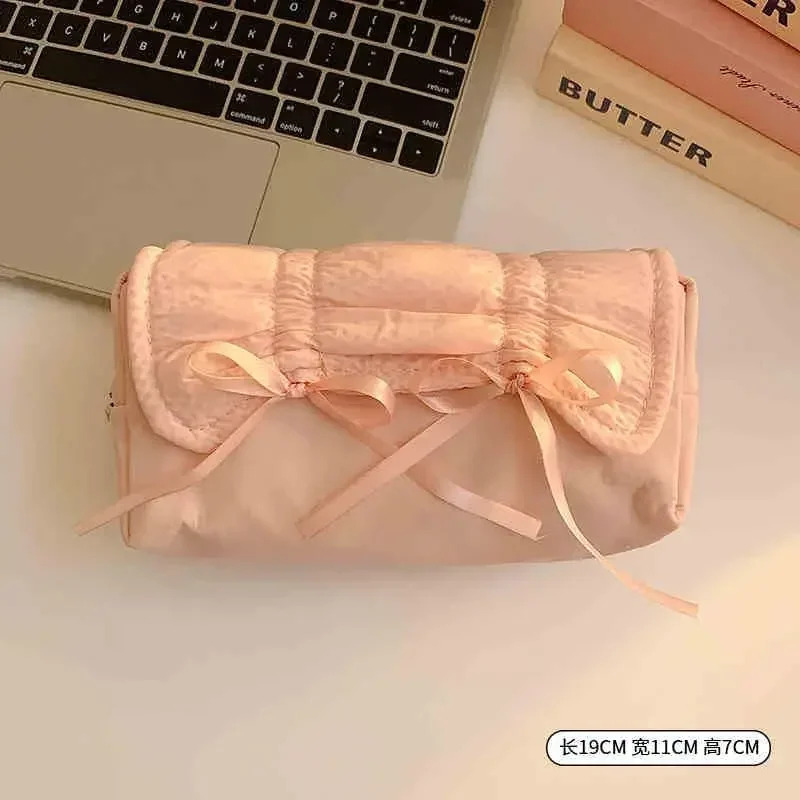 1pc Cute Bow Pencil Box Large Capacity Macaron Pen Bag Korean Ballet Style Bow Pen Bag Stationery Storage Bag