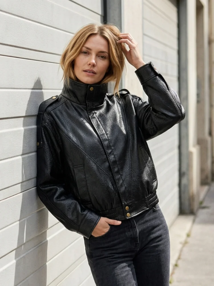 Women Black Imitation Leather Short Jackets Casual Long Sleeves Stand Up Collar Zipper Loose Fit Coats Lady High Street Outwear