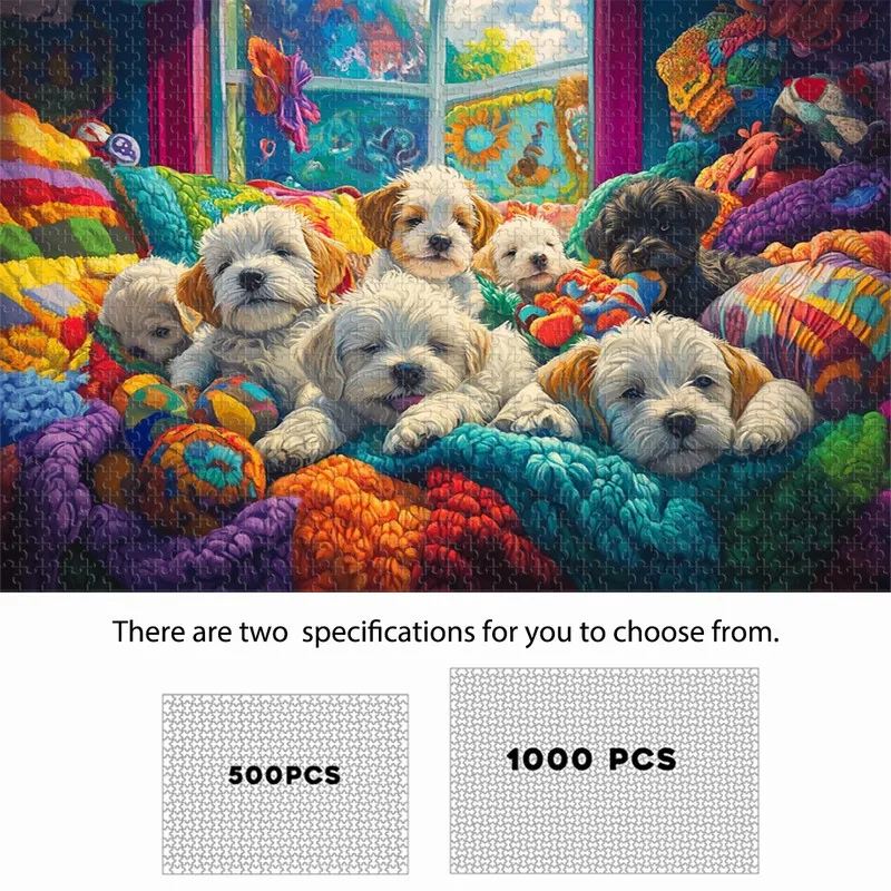 Cozy Puppy Time: 500/1000pcs Jigsaw Puzzle Featuring Adorable Dogs Amidst Colorful Knits & Toys - Ideal for Puzzle Enthusiasts