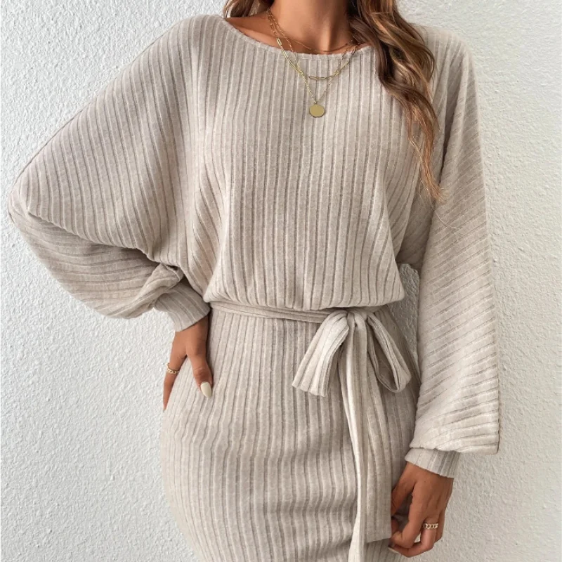 2023 Autumn New European and American Women's Belt Bat Sleeve Round Neck Long Sleeve Slim Casual Office Lady Female Knit Dress