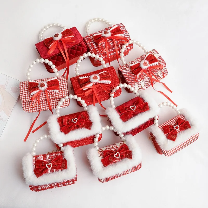 حقائب كتف مربعة صغيرة حمراء للأطفال بفيونكة حلوة لعطلة الشتاء وحقائب هدايا للفتيات الصغيرات بمقبض لؤلؤي وحقيبة ساعي الأميرة