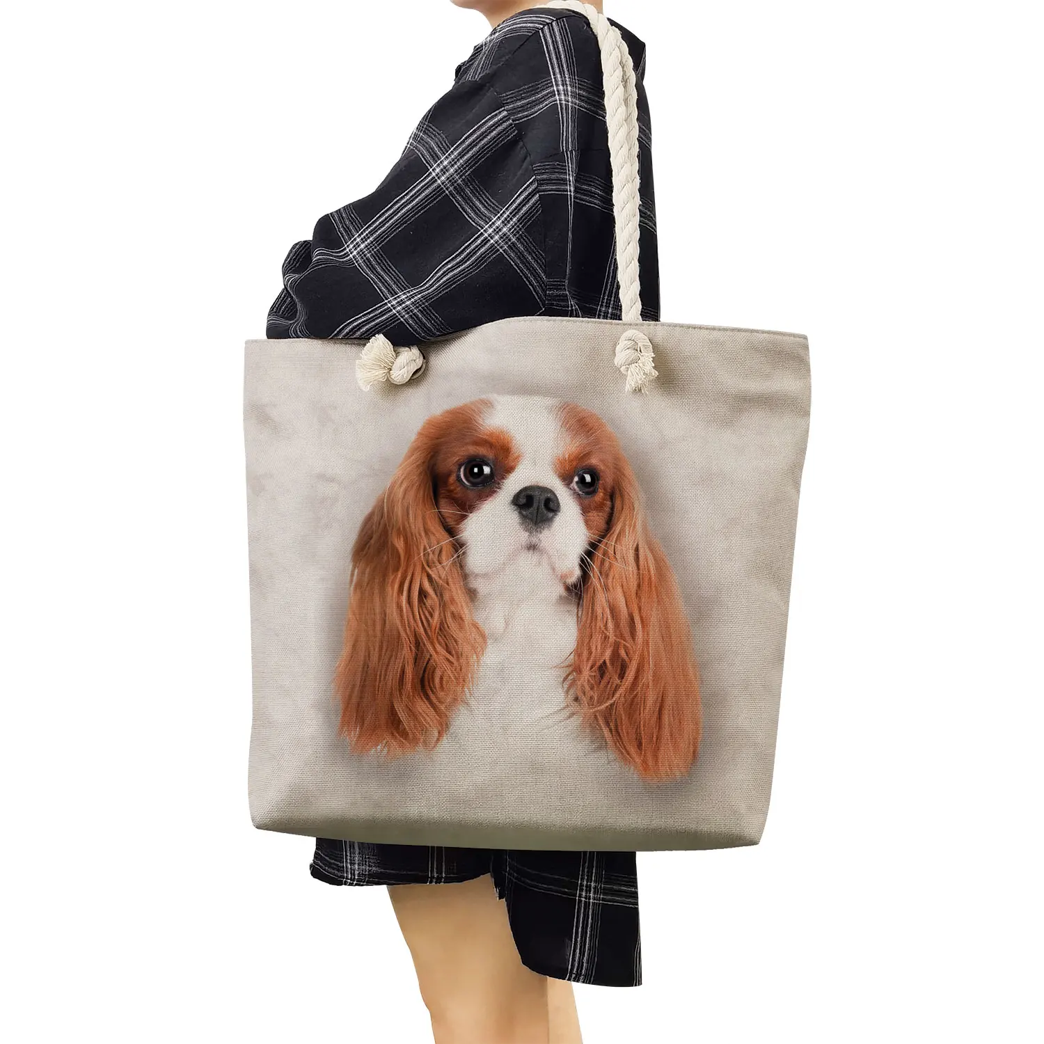 Bolsos de compras con estampado de perro y gato para mujer, bolsas de hombro plegables, reutilizables, ecológicas, de alta capacidad, a la moda