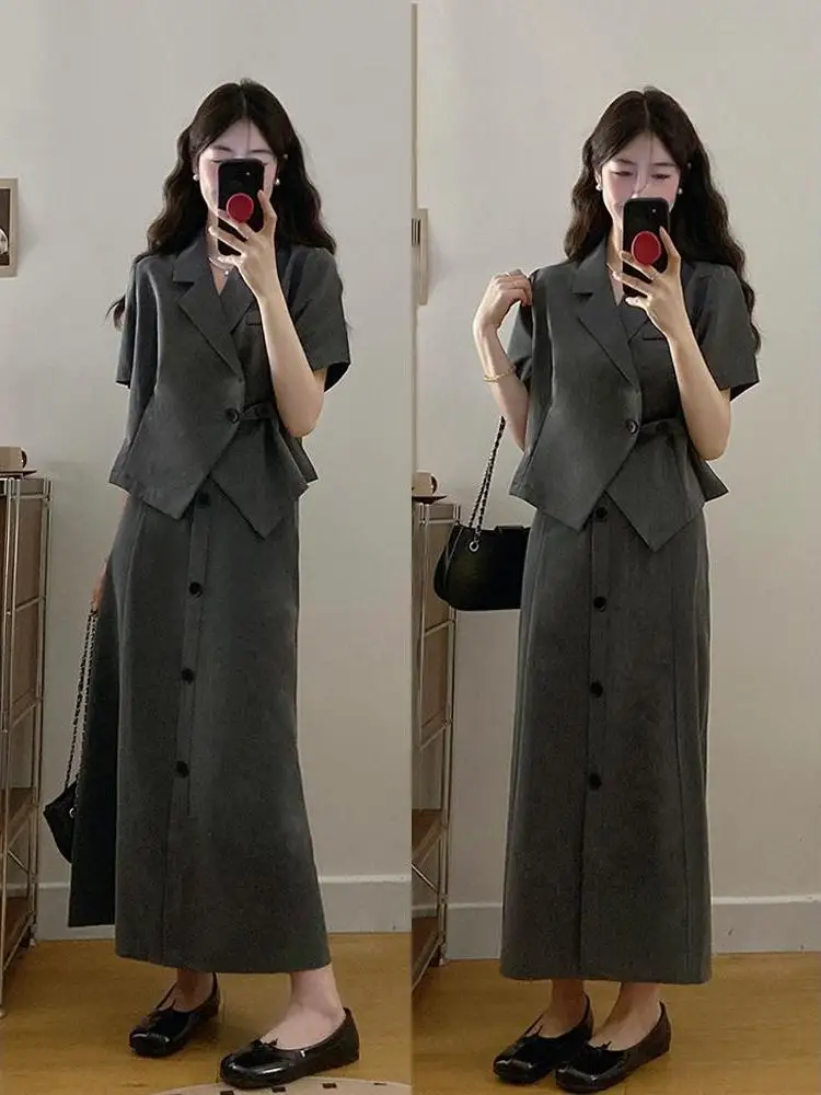 

plus Size Suit Jaet Top And High Waist Skirt Set Summer New Sle Slimming Commute Two Piece Set Faionable a Line Skirt