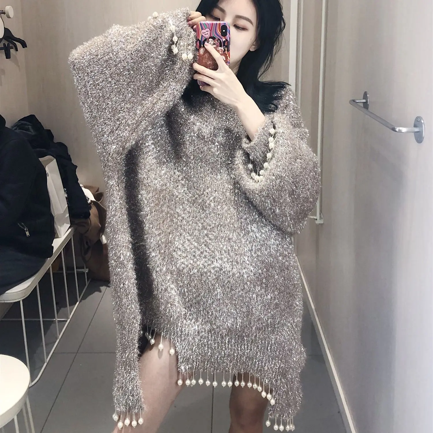 Beaded Sweater for Women 2023 Spring Autumn Loose Long New Korean Style All-Matching Shiny Grey Sweaters Pullovers Femme