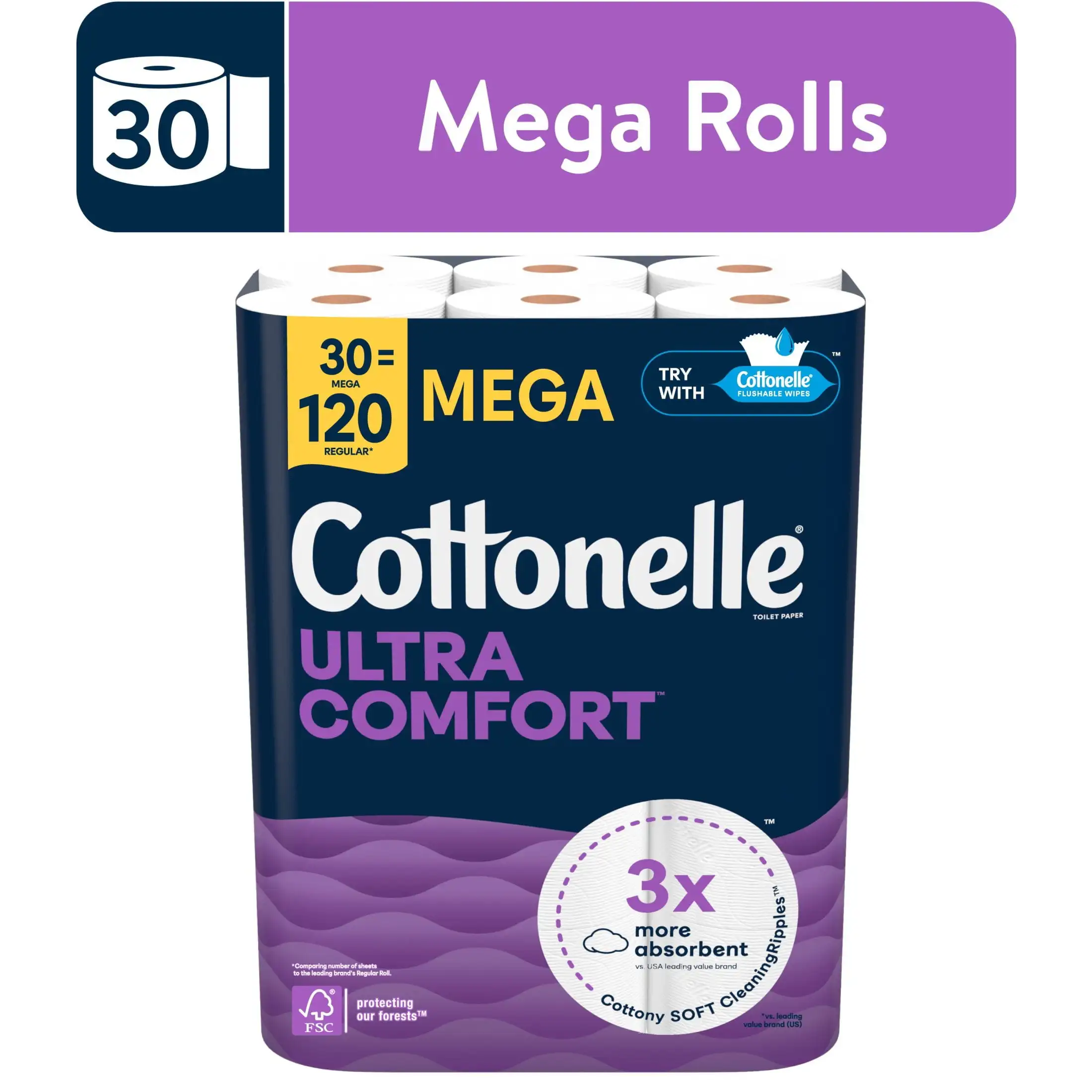 

Ultra Comfort Toilet Paper, Soft Toilet Tissue, 30 Mega Rolls