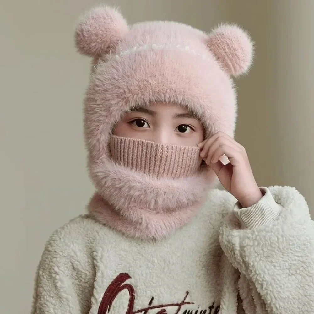 New Warm Scarf Mask Integrated Hat Pompom Windproof Hooded Hat Coldproof Beanie Hat