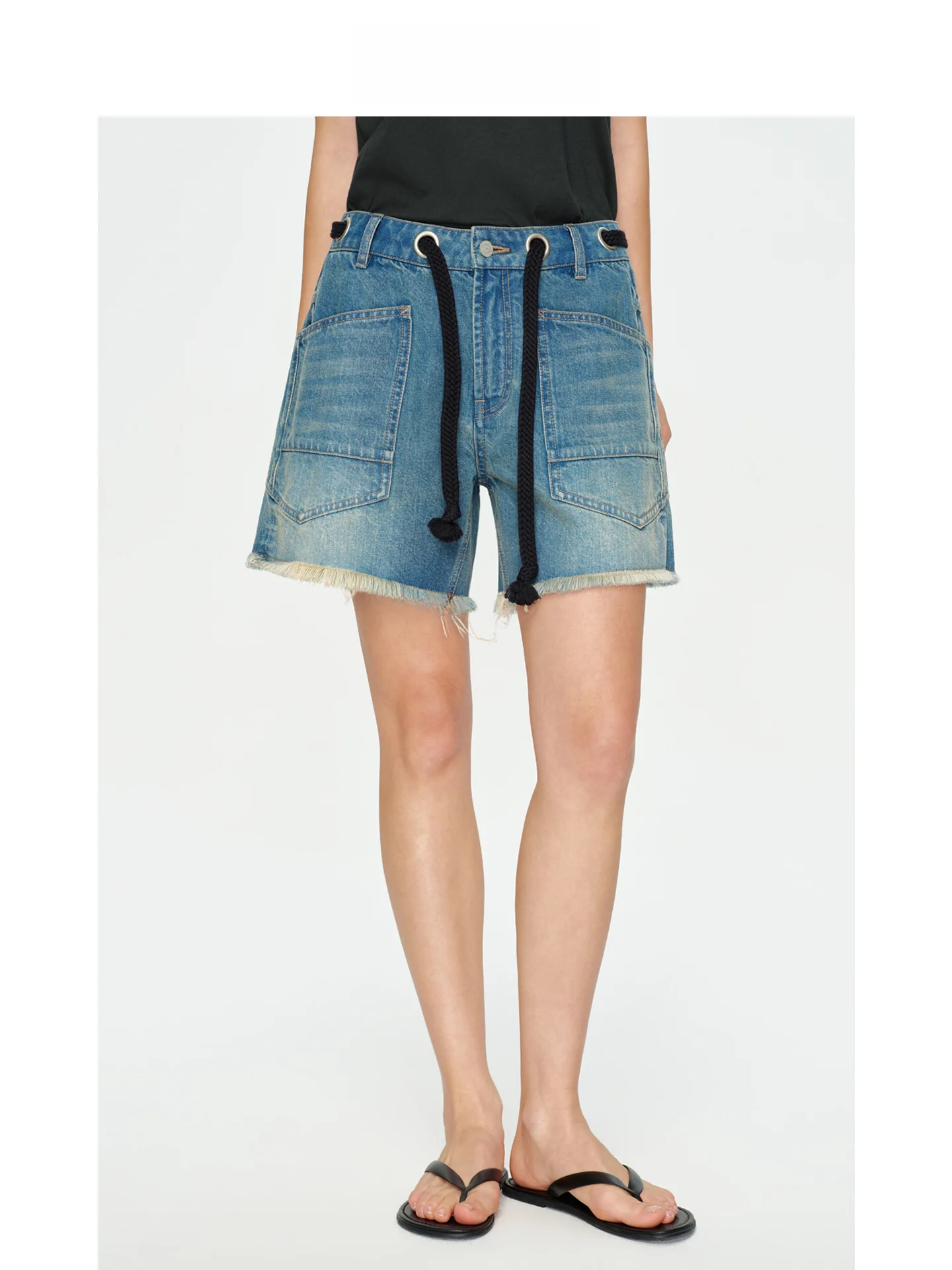 

EREMIN Denim Shorts with Belted Worn Washed Casual Rope Frayed Jeans Women's Straight Leg Cotton Spring Season