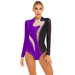 Rhinestones Acrobatics Gymnastics Leotard for Womens Adults Mesh Long Sleeve Ballet Dance Leotard Ice Skating Bodysuit Dancewear