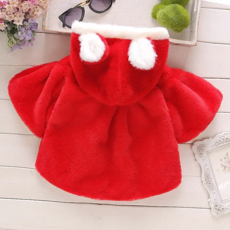 0-2 Years Toddler Girl Coats Baby Jacket Winter White Red Pink Baby Girls\' Sweater Ears Hooded Infant Solid Color Plush Coat