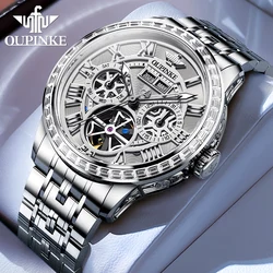 OUPINKE High Quality Men's Watches Skeleton Diamond Dial Multifunctional Fully Automatic Mechanical Watch Precision Steel Strap