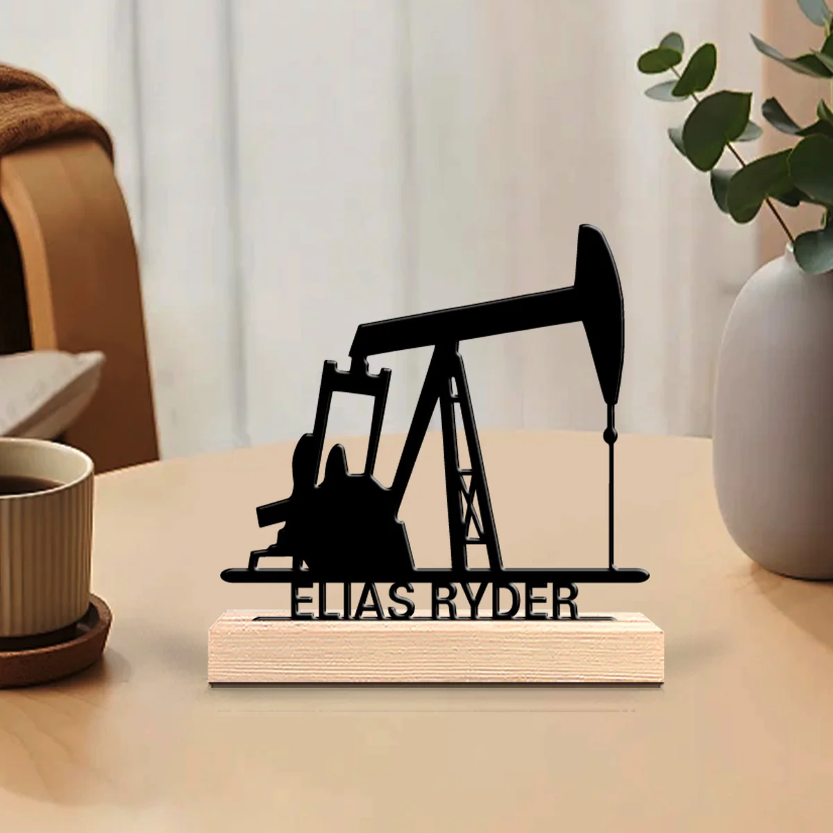 1 pièce, statue en métal personnalisée sur le thème du forage pétrolier, art métallique avec base en bois, idéale pour le bureau, la chambre, le salon