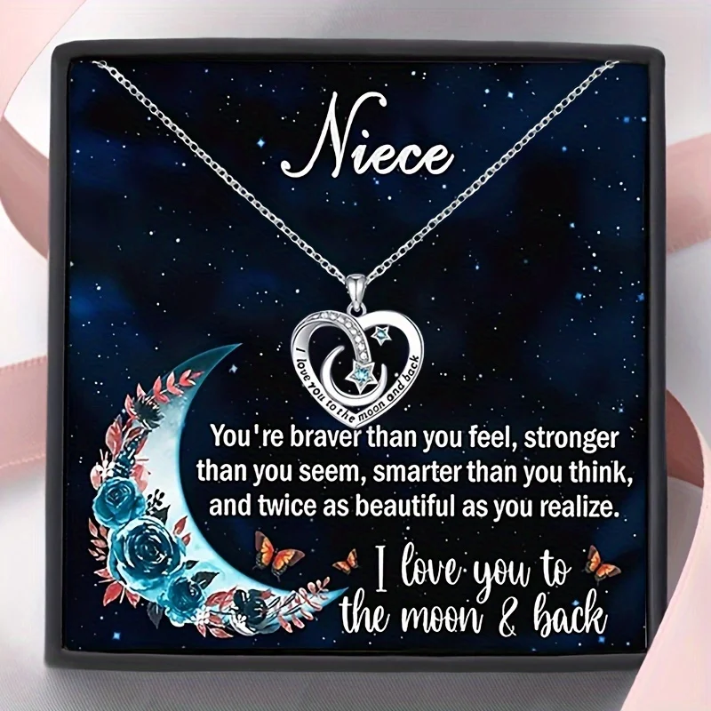 

Niece Heart-Shaped Moon Copper Zircon Necklace, I Love You To The Moon And Back, Birthday Gift With Blessing Card & Gift Box