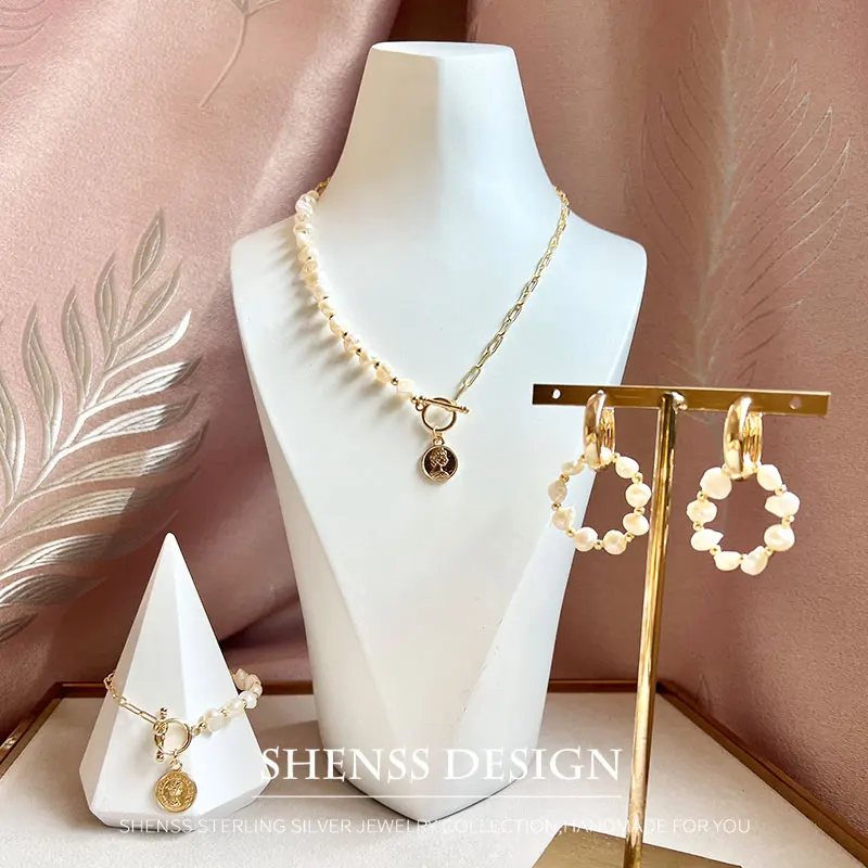 Temperament Design Natural 6-7mm Baroque Pearl Necklace Bracelet Earring  Customized Jewelry for Women's Green Zircon
