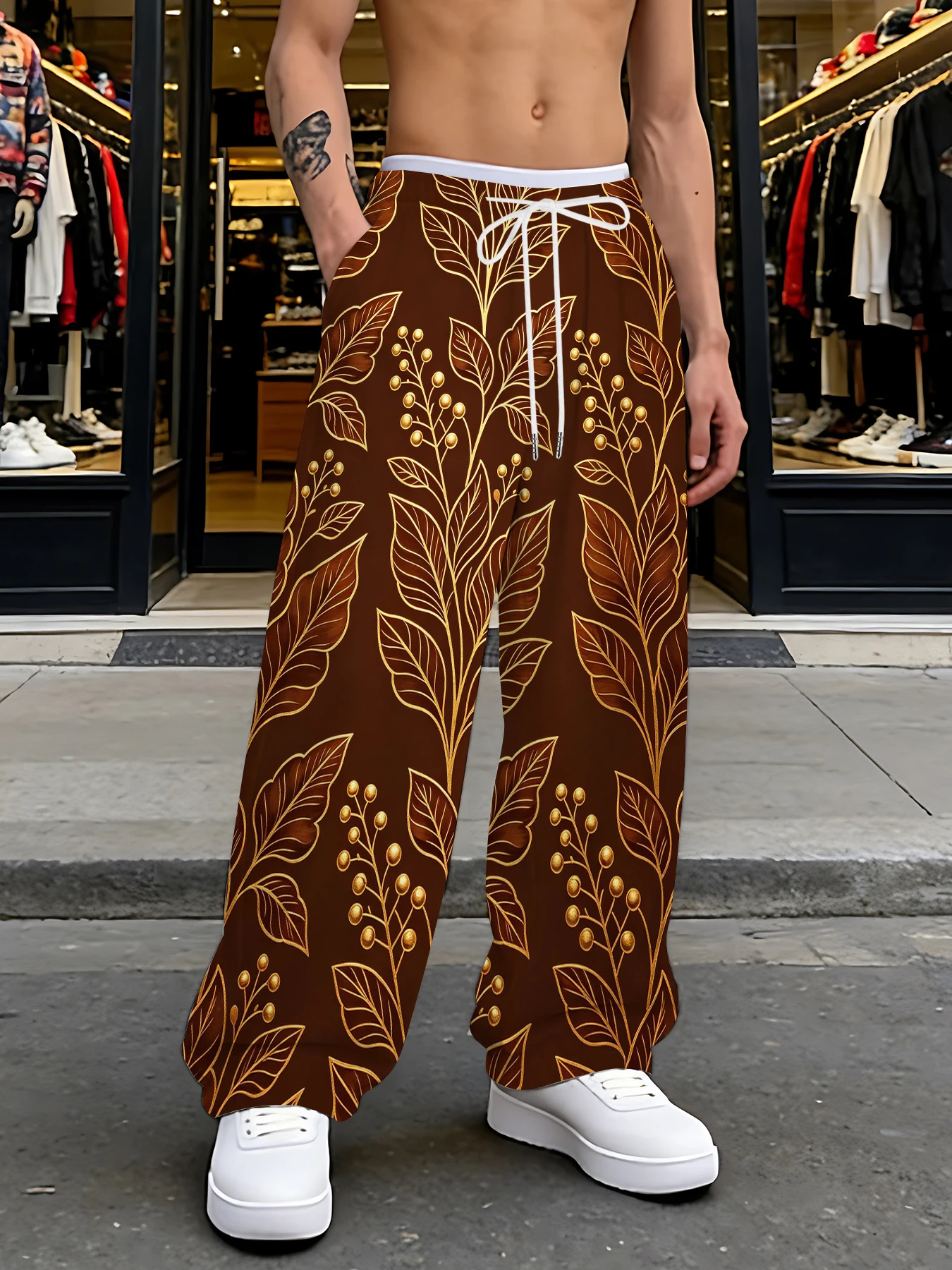 

2026 Men's Printed Straight Leg Pants Abstract Wave Pattern Drawstring Waist Loose Fit Summer Beach Casual Lightweight Pants