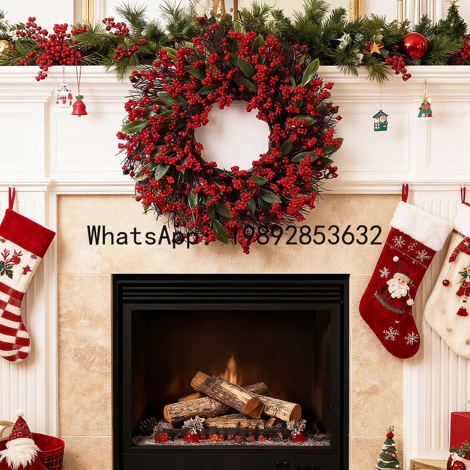 PYJ New Christmas Artificial Holly Christmas Simulation Green Leaf Red Fruit Wreath Home Door Hanging--2 pcs