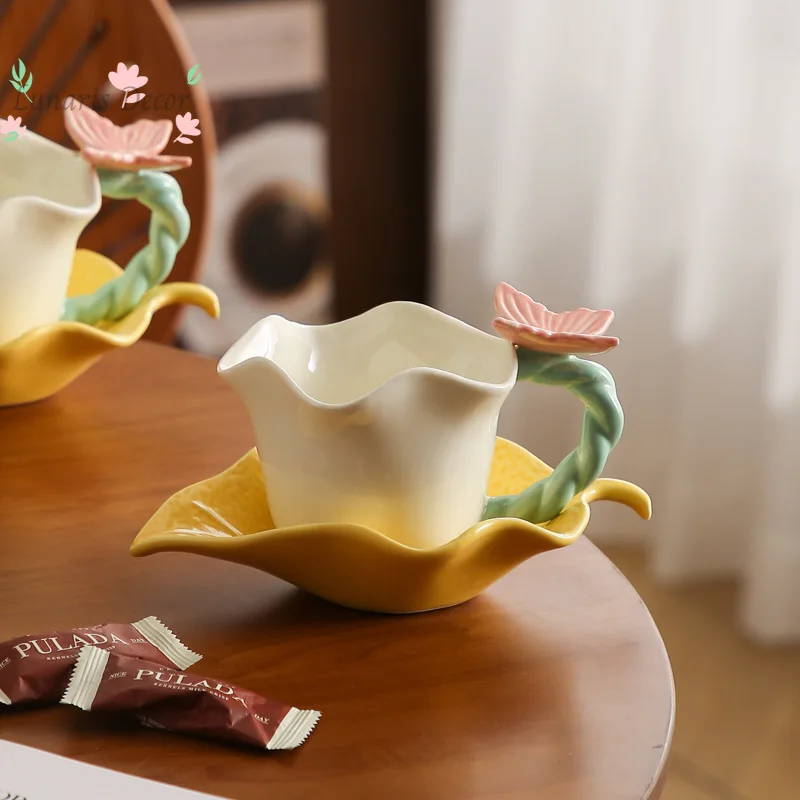 High-style coffee cup with floral and butterfly design, ceramic cup and saucer set, adorable couple's matching mugs