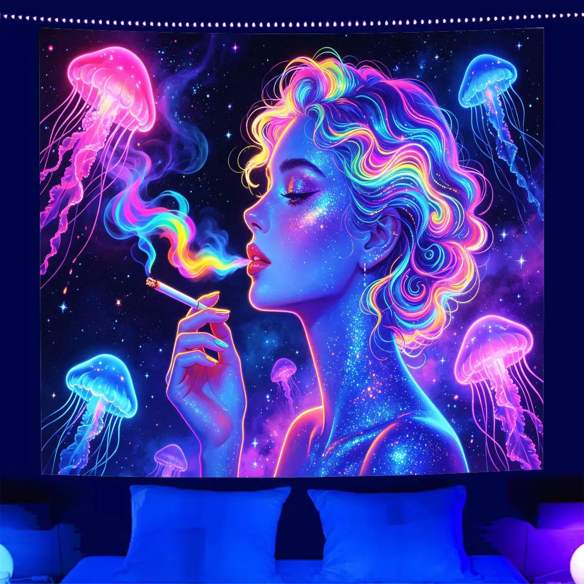 VIKAMA Psychedelic Cosmic Lady Jellyfish Tapestry Rainbow Smoke Starry Sky Fantasy Wall Hanging Bedroom Decor