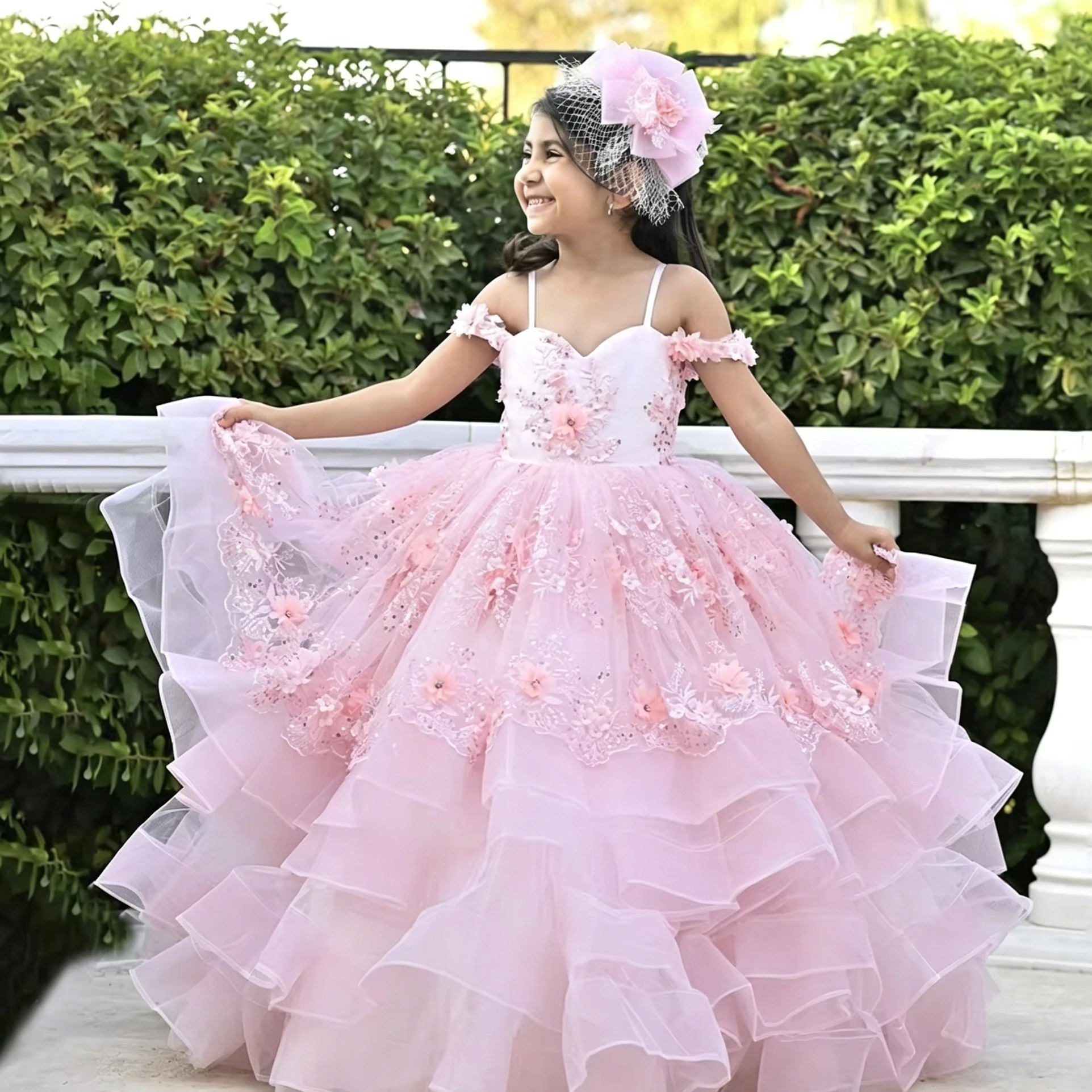 

Customized Pink Flower Girl Dress For Wedding Appliques Sleeveless High Waist Elegant Kids Birthday First Communion Gown