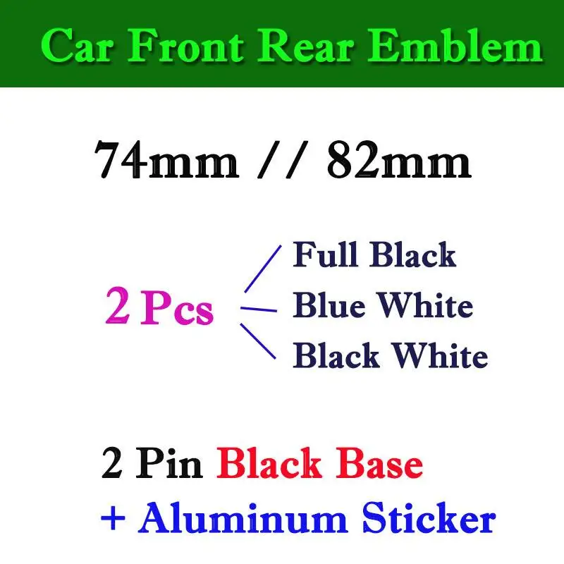 

2 Pcs 74mm 82mm Labeling Car Front Bonnet Hood Rear Trunk Badge Logo Emblem Auto Accessories PVC ABS 2 Pins Black Base Aluminum