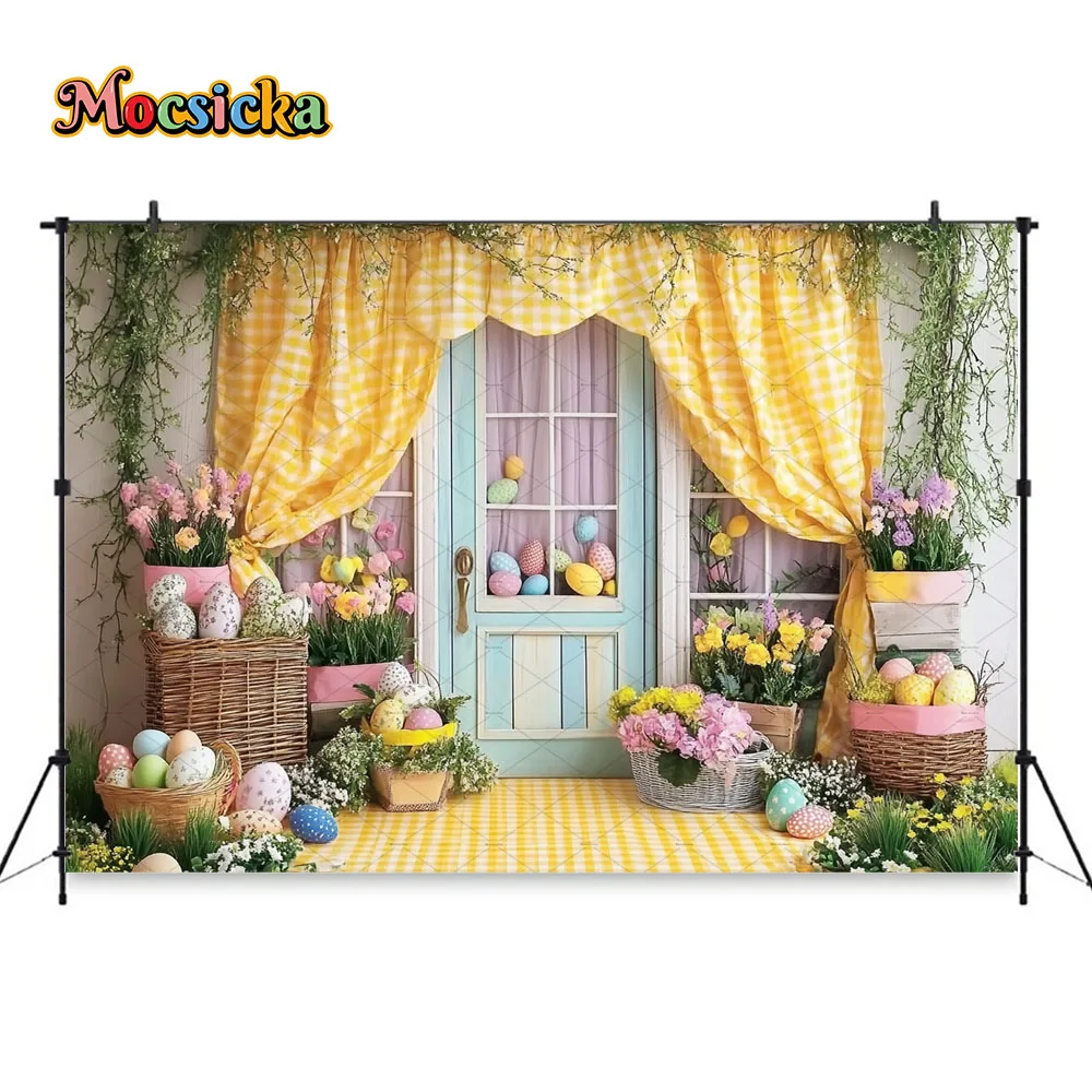خلفية تصوير لعيد الفصح لعرض الطفل، ستائر صفراء، باب خشبي ريفي، خلفية على شكل بيضة زهرة، صورة عيد ميلاد للأطفال في الربيع