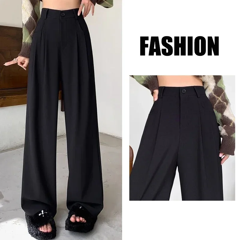 

2025 Summer Women Suit Pants Lady Baggy Straight Wide Leg Trousers Lady Casual Office Slacks Gray Coffee Korean Tapered Pants