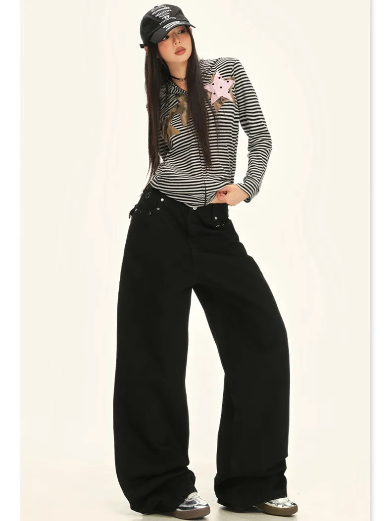 

High Waist Loose Fit Straight Leg Jeans Women's Denim Pants Rivet Design Black Color plus Size Slimming Wide Leg Trousers