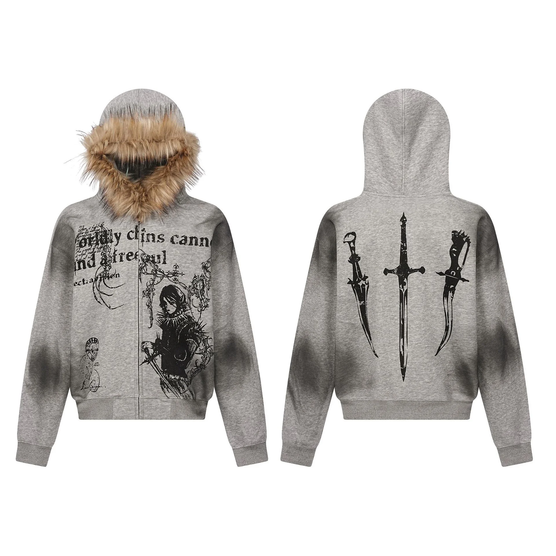 Men's 2024 New American Street Hairy Collar Hoodie Vintage Distressed Anime Printed Clothing Cardigan Zipper Hooded Male Coats