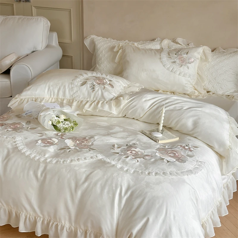 

800TC Lyocell Cotton Jacquard Soft Silky Bedding Set Flowers Embroidery Ruffles Duvet Cover Flat/Fitted Sheet Pillowcases 4Pcs