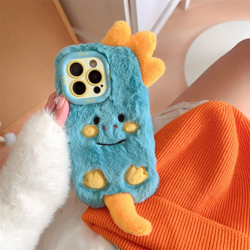 3D Cartoon Monster Lens Bracket Fluffy Plush Phone Case For iPhone 17 Air 16 15 14 13 12 11 Pro Max Shockproof Protective Cover