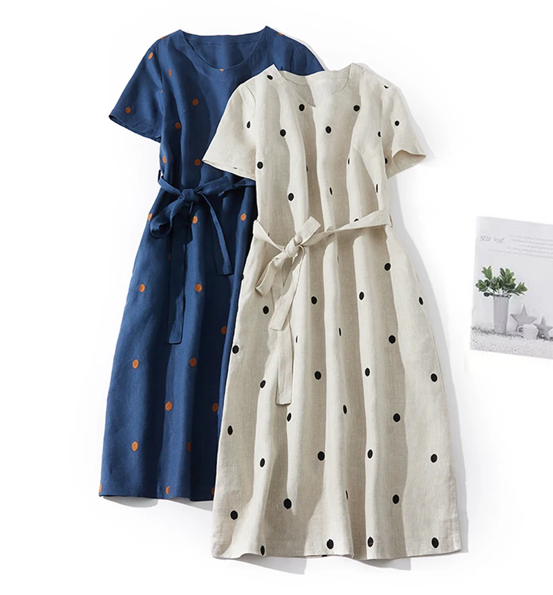 

2024 New Literary Vintage Women Dresses Polka Dot O-Neck Cotton Midi Dress Short Sleeve Pockets Bowtie Sundress Vestidos