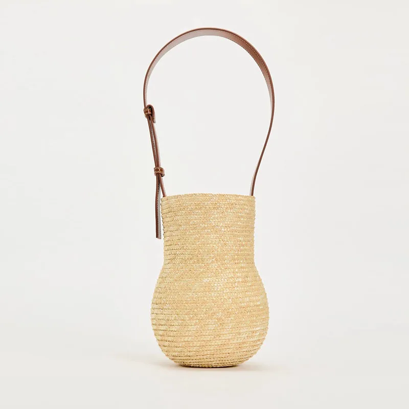 Summer Straw Shoulder Bags Drawstring Women\'s Straw Bucket Bag Purse Raffia Woven Straw Handbags Casual Tote Beach Crossbody Bag