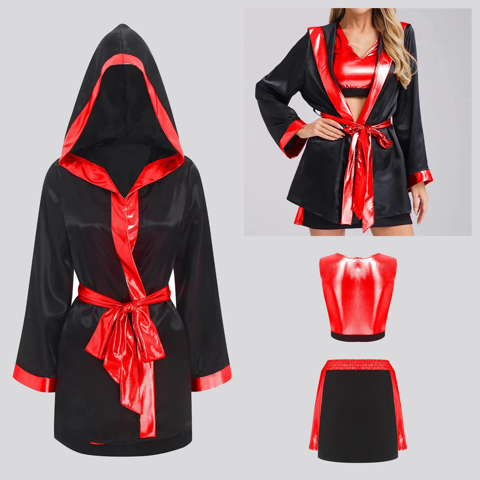 Women Kickboxing Fight Grappling Outfit Boxing Robes Bjj Boxer Muay Thai Martial Arts Costume Hooded Satin Tops + Skirt Belt