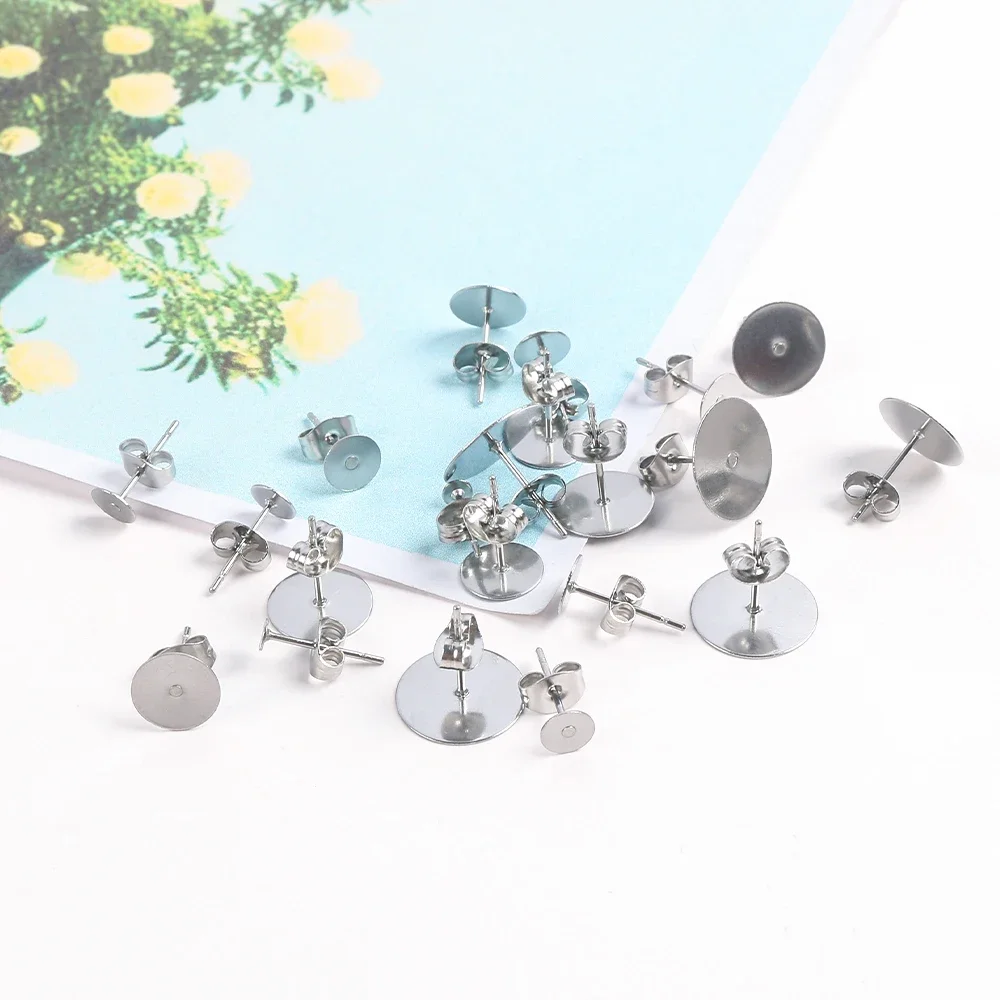 50pcs 3-12mm  Stainless Steel Earring Studs Blank Post Base Pins With Earring Plug Findings Ear Back For DIY Jewelry Making