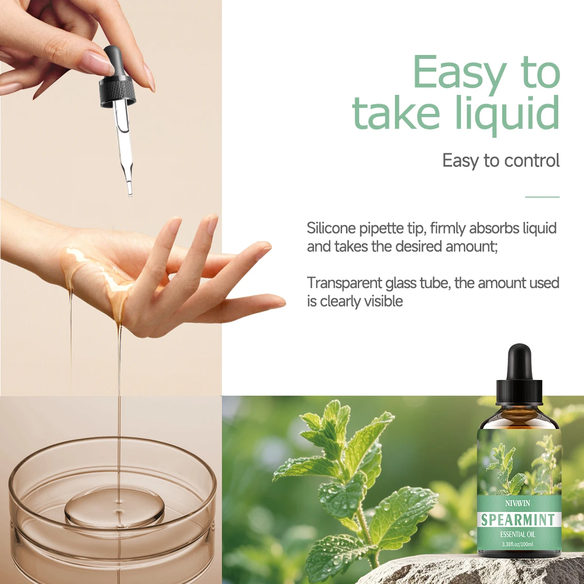30ml/60ml/100ml spearmint essential oil is suitable for facial hydration, moisturizing, hair care, skin care, and perfume making