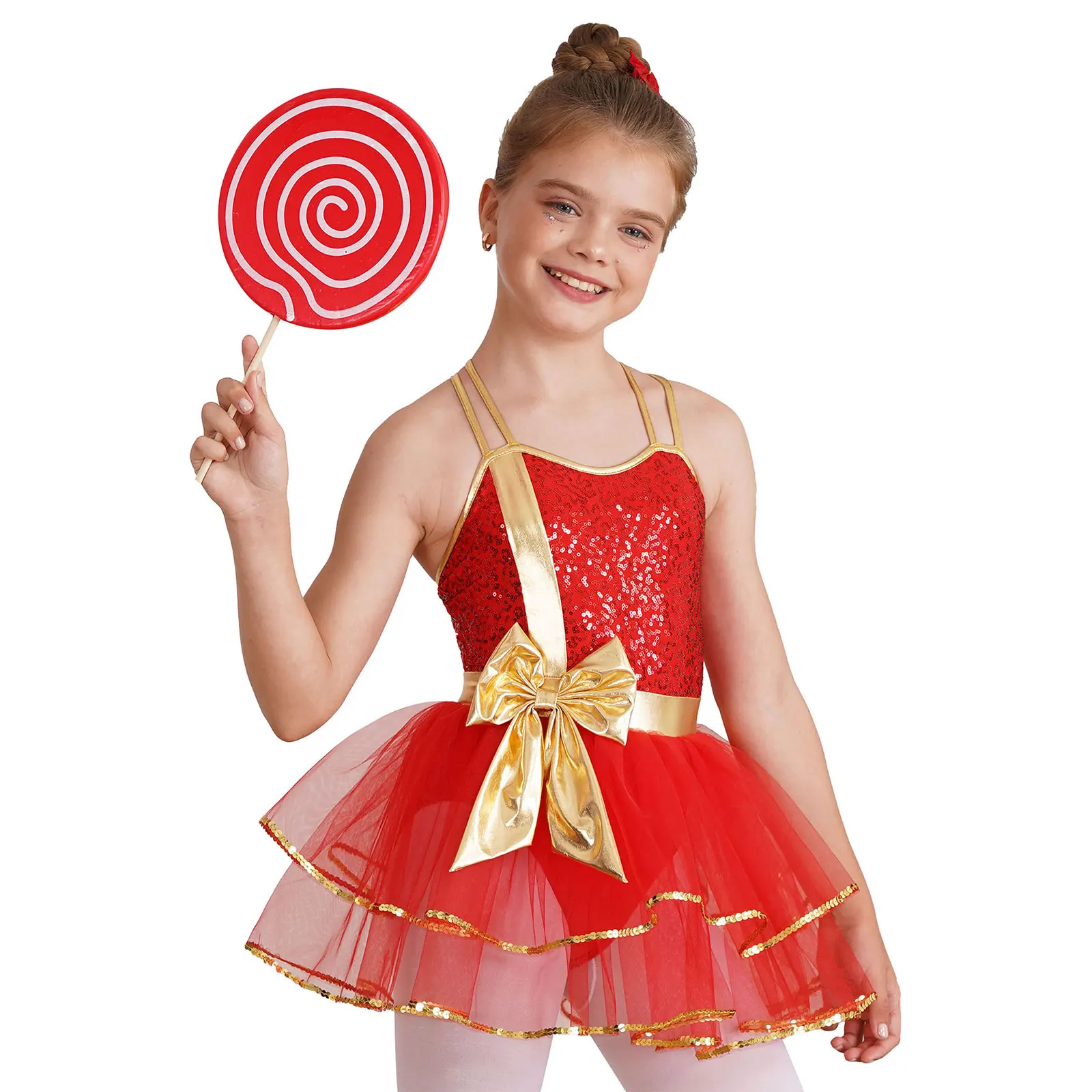 Kids Girls Sequins Elf Christmas Xmas Santa Fairy Party Costume Shiny Sequins Bow New Year Cami Dress Ballet Dance Tutu Dress