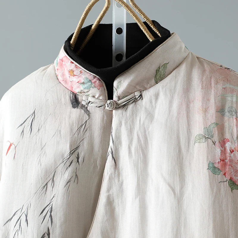เสื้อโค้ทผ้าฝ้ายสไตล์เรโทร น้ำหนักเบา พิมพ์ลาย คอตั้ง ติดกระดุม ให้ความอบอุ่นสำหรับฤดูหนาว ทรงหลวมสำหรับผู้หญิง แขนยาว