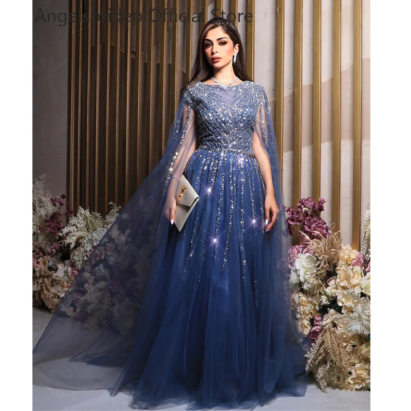 Angelsbridep gaun malam Dubai, gaun malam Formal wanita Arab Saudi ramping dengan lengan jubah Tulle manik-manik