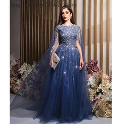 Angelsbridep-Robe de Soirée en Tulle Bleu Marine pour Femme, Tenue de Bal Formelle avec Manches Cape, Paillettes Perlées, Dubaï, Arabie Saoudite