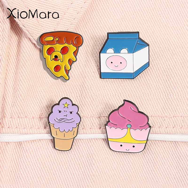Alfileres esmaltados de animación de aventura de comedia, cachorro de dibujos animados, Finn, Pizza, helado de fantasma púrpura, broches de Anime, insignia de solapa, regalos de joyería