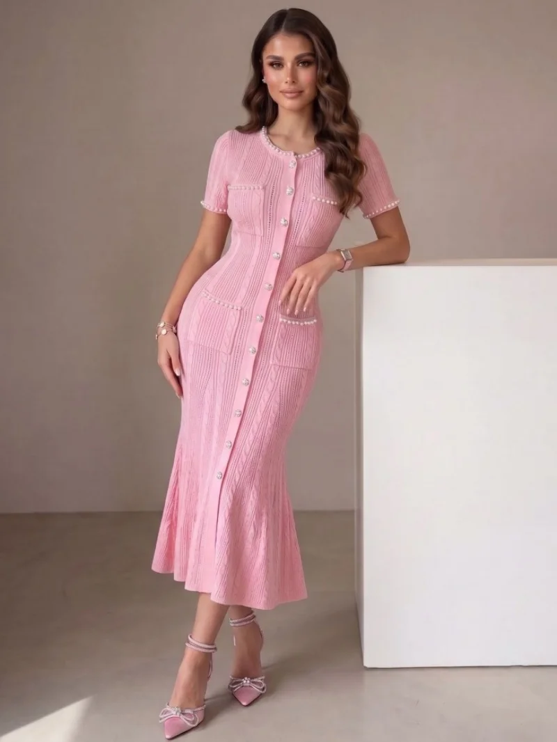 Modische Perlen-Verzierte Strick-Meerjungfrauenkleider Sommerkleidung Damen 2026 Kurzarm Maxi Lange Kleider OL-Stil Gestricktes Kleid