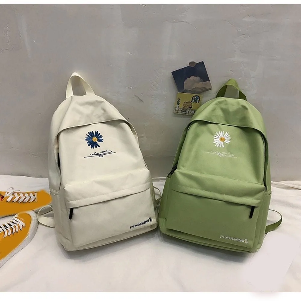 Fashion Canvas School Backpack Daisy Large Capacity Schoolbag Portable Embroidery Travel Bag Teenagers