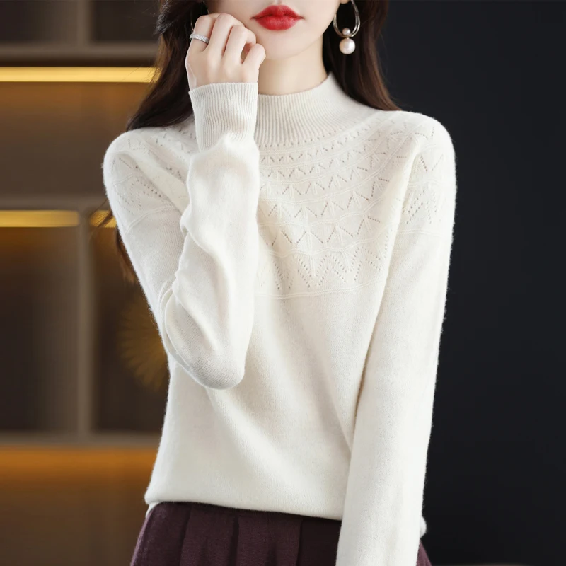 Autumn Winter Women Sweater Turtleneck Mock Neck Long Sleeve Knitwear Pullover Half height collar Hollow out Top Female clothing