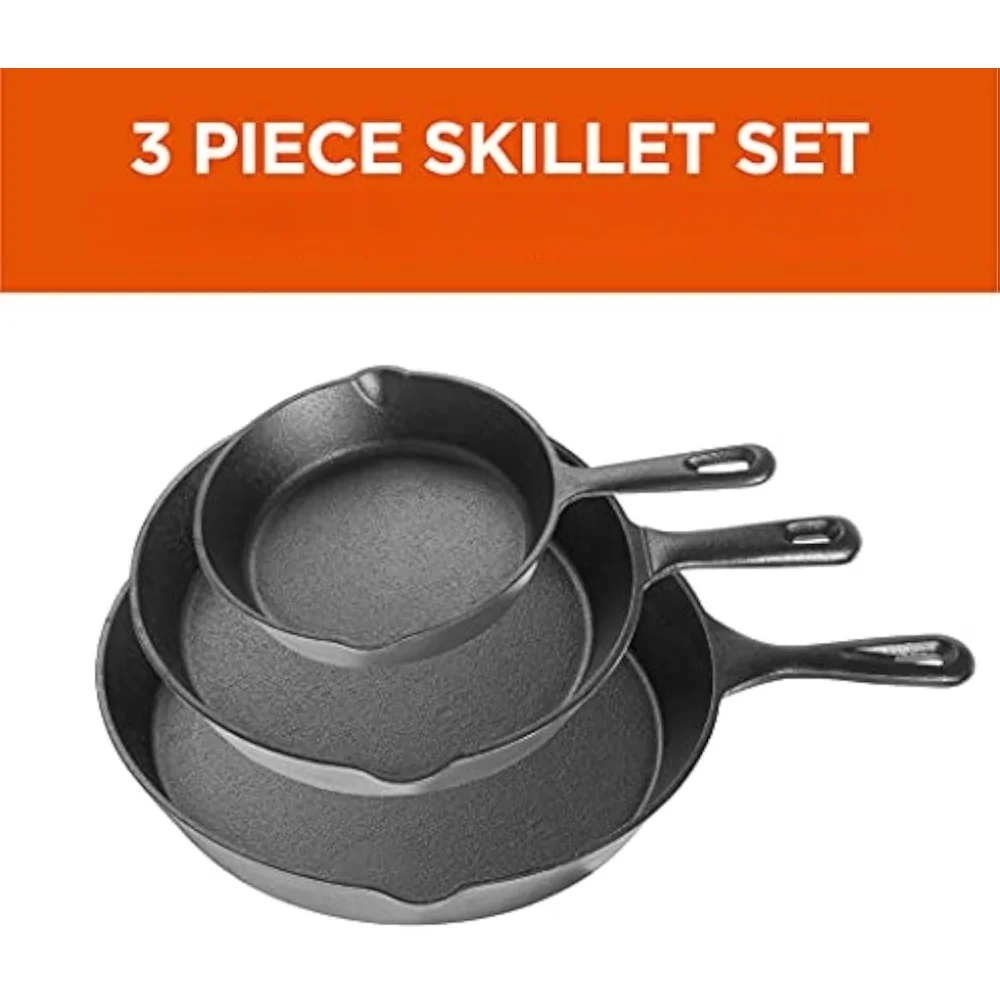 3-Piece Cast Iron Skillet Set by Commercial Chef – Heavy Duty Cast Iron Cookware for Stove, Oven & Grill, Pre-Seasoned Frying Pans