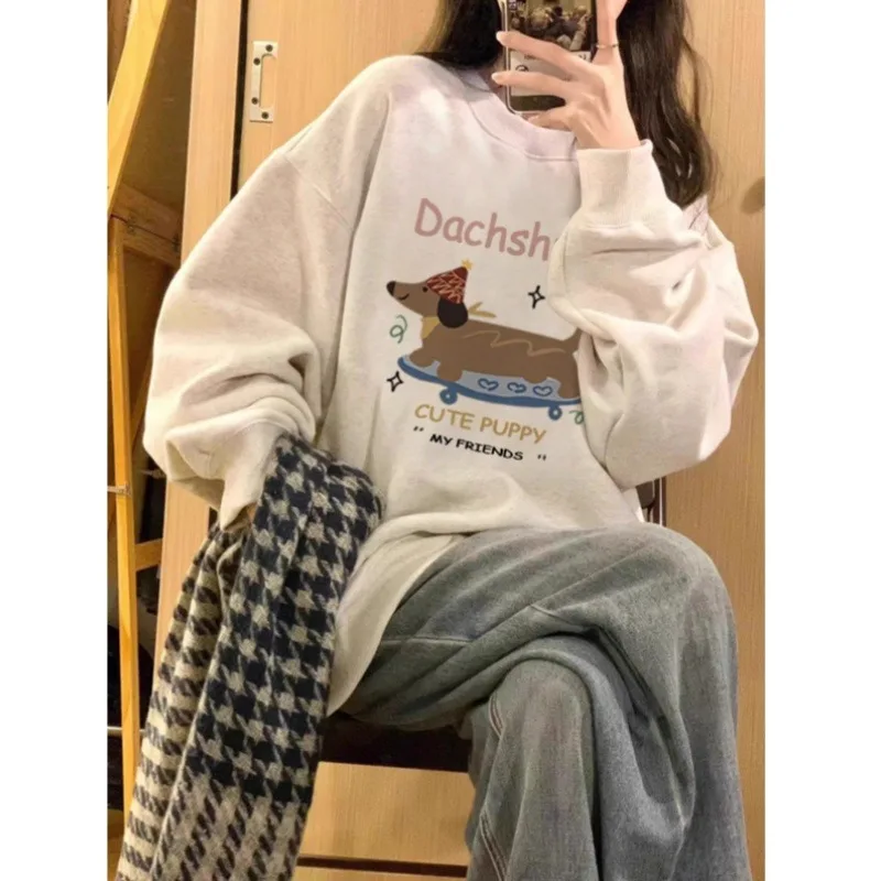 Korean Dachshund Print Plush Sweatshirt Women Autumn Winter 2025New Oversize O-Neck Loose Pullover Hoodie Y2K Top kawaii clothes