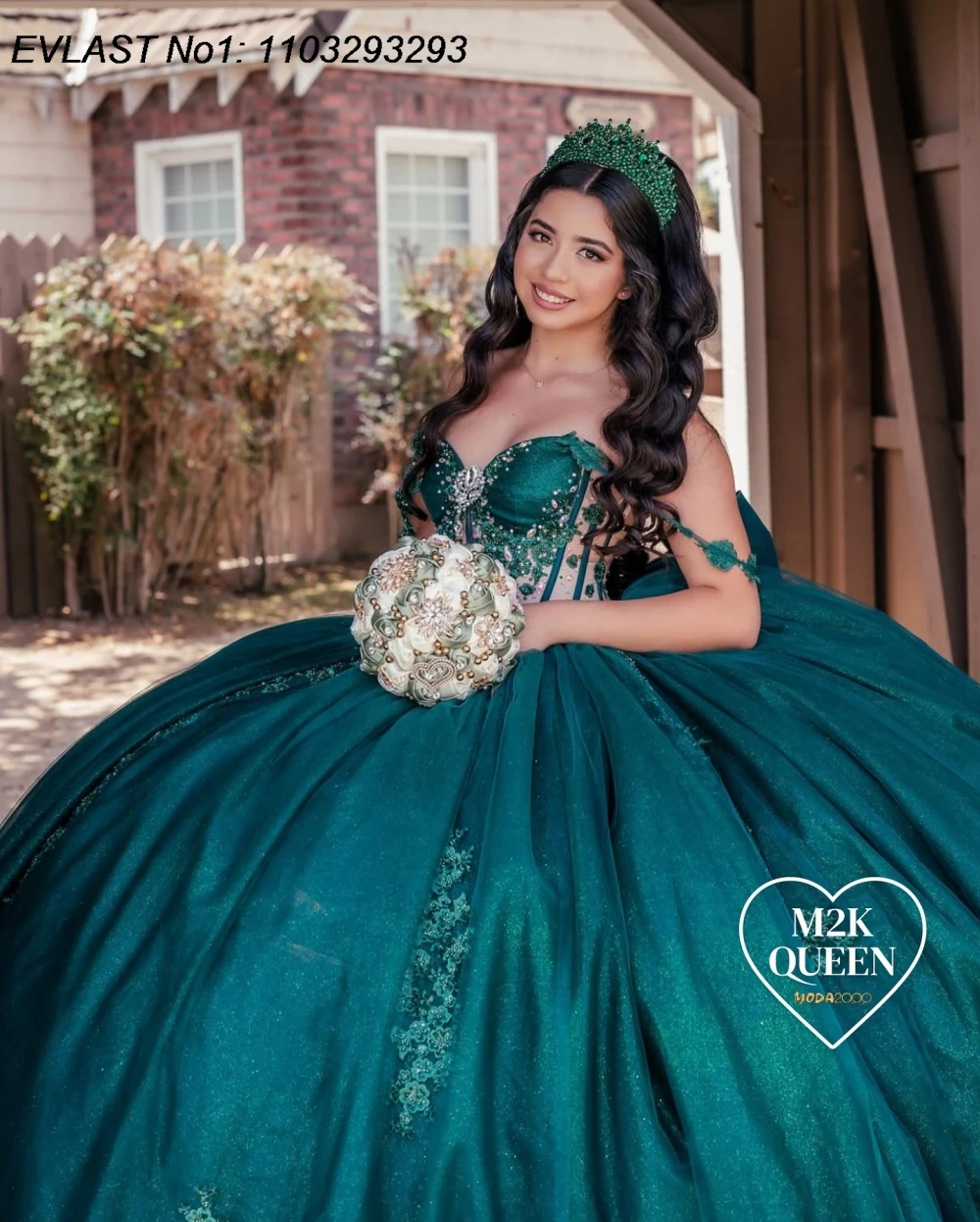 فستان Quinceanera أخضر لامع مخصص من EVLAST فستان حفلة لامع مزين بالدانتيل مطرز كيب سويت 16 فيستدوس دي 15 أنوس E1QN414 #2