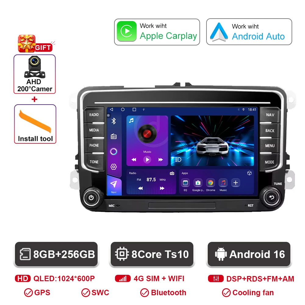 Auto radio voor VW Skoda Golf Touran Passat B6 B7 Polo Android Auto Multimedia Videospeler GPS Carplay BT QLED Scherm Stereo WIFI
