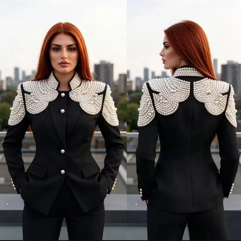Handmade Pearls Suits Women For Wedding Chinese Style Jacket Pants 2 Pieces Lady Business Party Tuxedo Plus Size Female Outfits