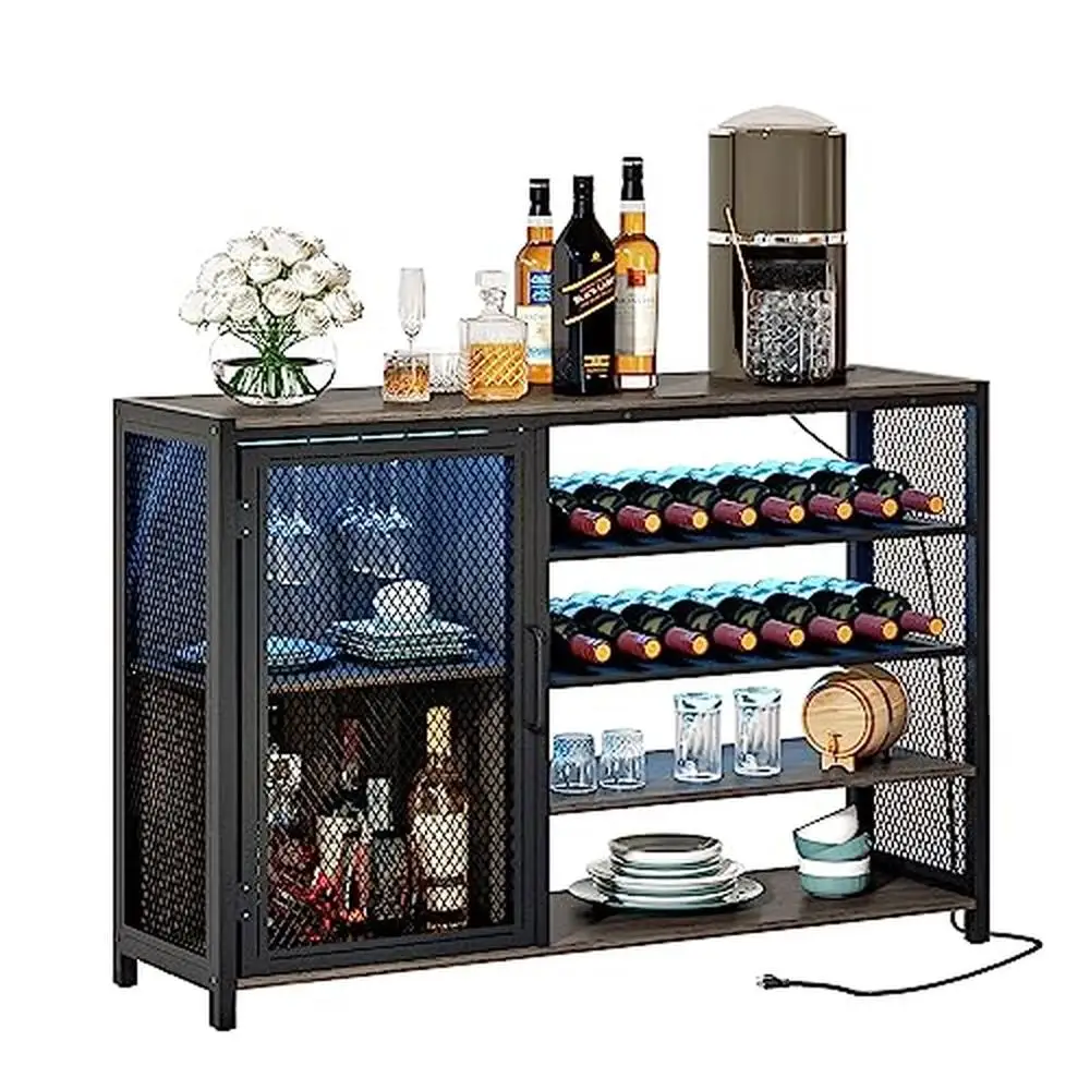 LED Wine Cabinet Bar Storage Organizer Glass Holder Floor Mount Metal Frame Cabinet