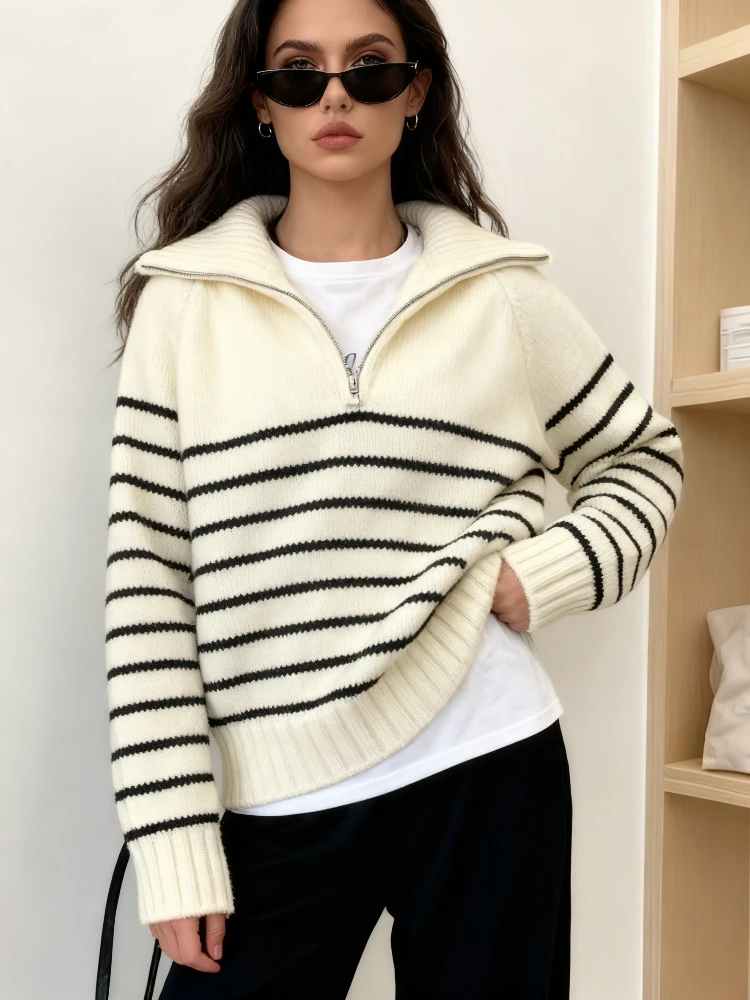 

Autumn Winter New Chic Turn Down Collar Zipper Pullovers Knitted Sweater Women Casual Loose Long Sleeve Women's Sweaters Tops